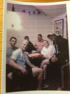Retro Polaroid: Callum Blair, Justin Powick, Matt Burleigh & Max Anderson celebrate Preston's Beds league win back at the Lion with Jo, Shannon & pizza 
